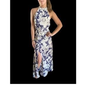 Stella Luce Floral Halter Adjustable Spaghetti Strap Double Split Maxi Dress Sm